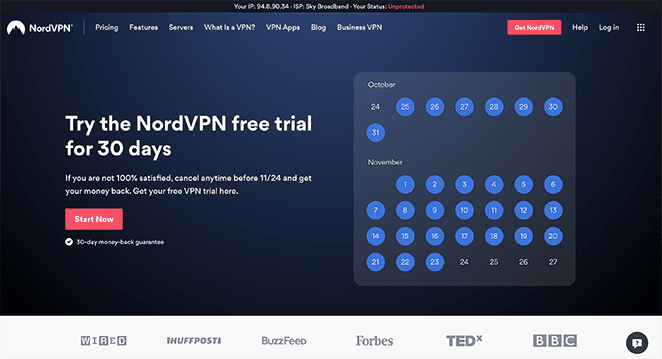 Nord VPN free trial landing page example