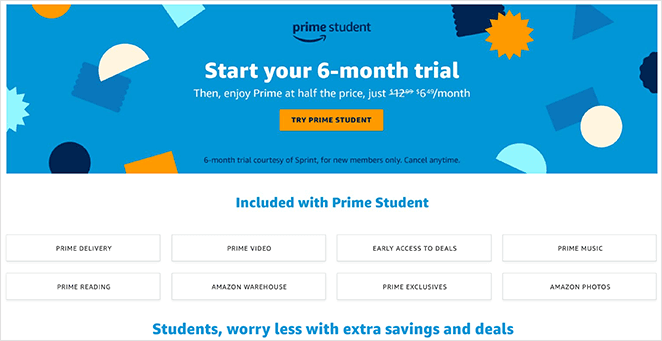 Amazon Prime Student free trial landing page example