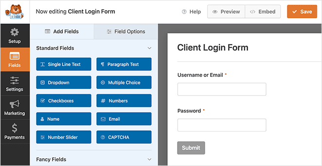 WPForms client login form builder