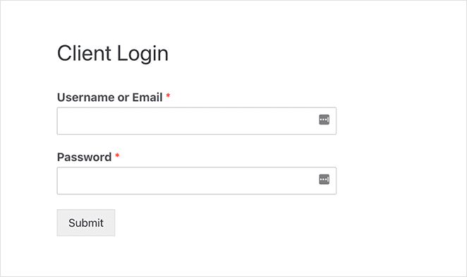WPForms client login form page in WordPress