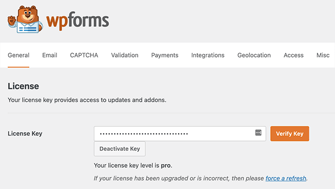 Enter your WPForms license key