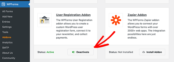 Activate WPForms user registration addon