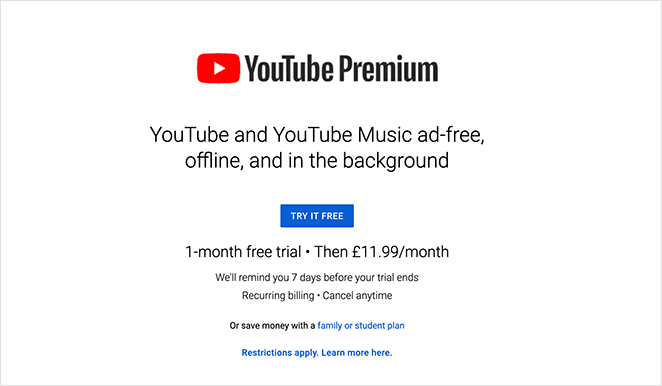 YouTube Premium best free trial landing pages