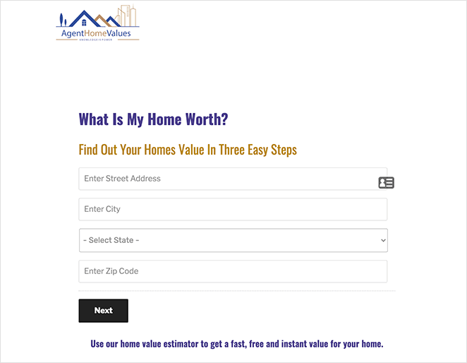 Agent Home Values real estate landing page examples