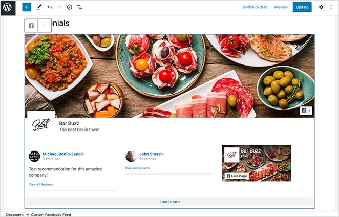 Facebook feed WordPress block with reviews and testimonials