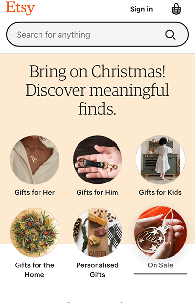 Etsy mobile landing page example