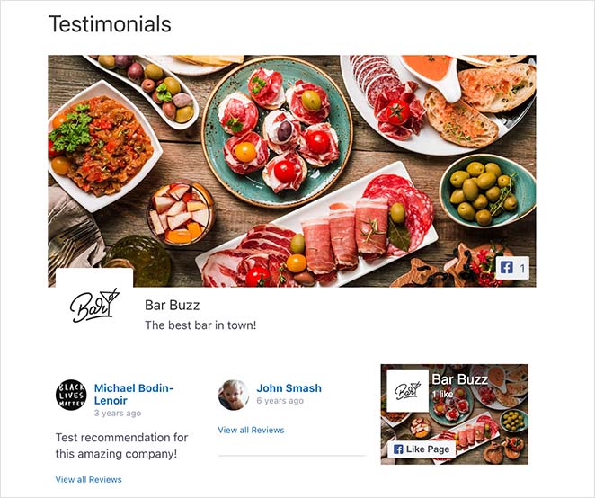 Example of facebook reviews feed on WordPress page.