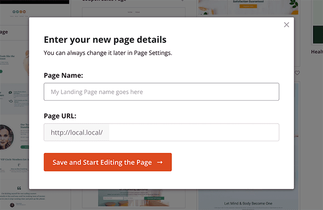 Add a landing page name and URL