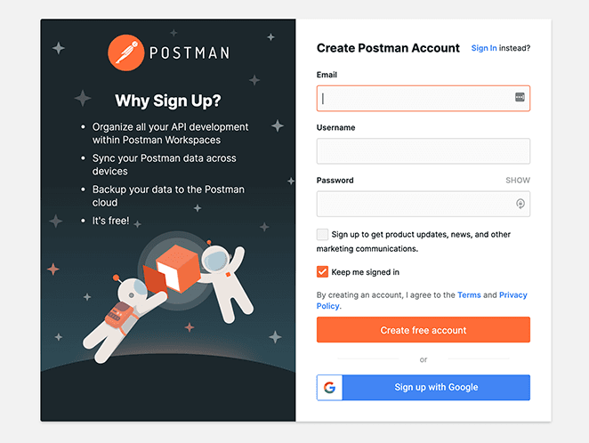 Postman sign up page design