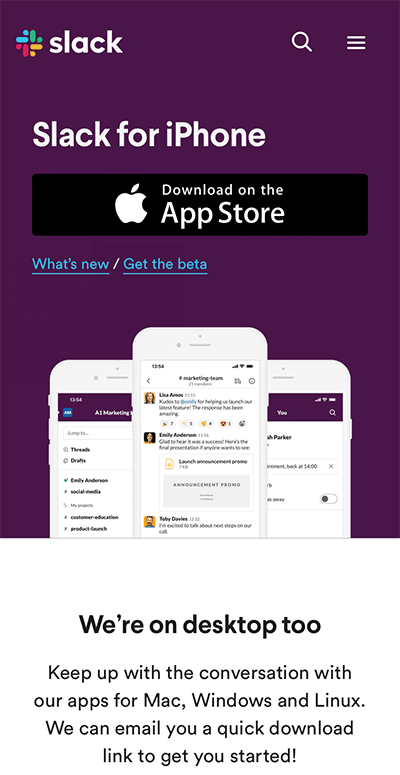 Slack mobile landing page example