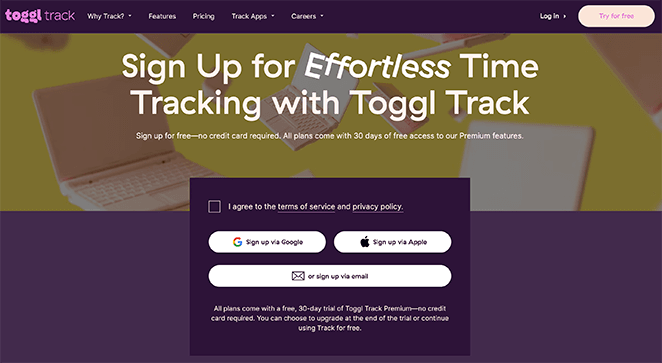 Toggl sign up page designs