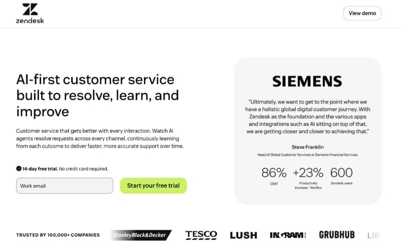 Zendesk Google Ads Landing page with stripped down navigation
