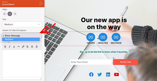 countdown-timer-success-redirect - SeedProd Countdown trimer redirect options