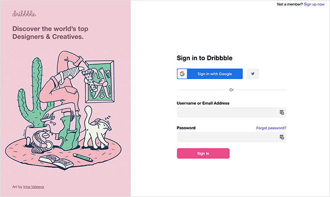 Exemple de page de connexion Dribbble