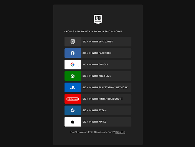 Exemple de page de connexion Epic Games