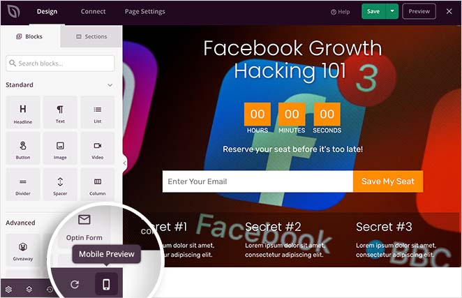 facebookadslandingpagemobilepreview SeedProd Click the mobile preview icon
