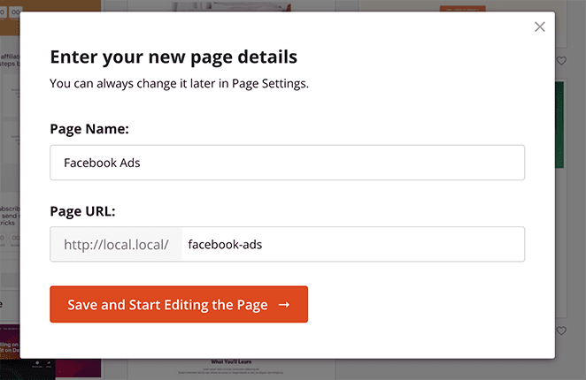 facebookadslandingpagename SeedProd enter your landing page name and URL