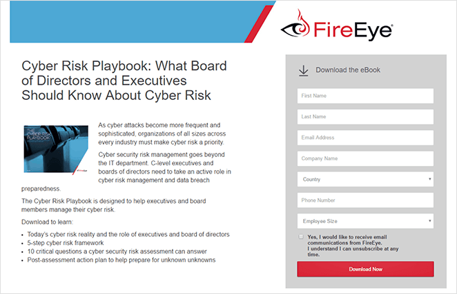 Fire Eye white paper download landing page example