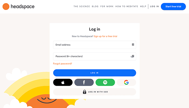 Headspace login page example