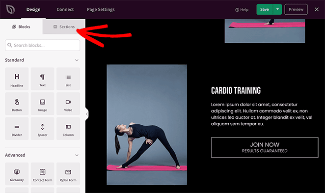 landing-page-sections - SeedProd Select the sections tab