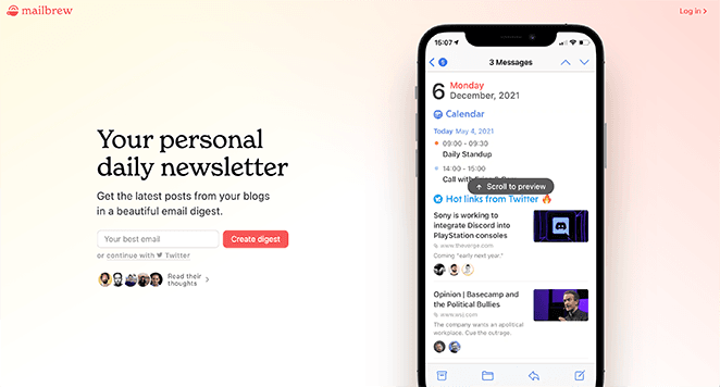 mailbrew product landing page examples