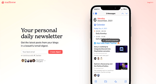 mailbrew-product-landing-page-example - SeedProd mailbrew Produkt Landing Page Beispiele
