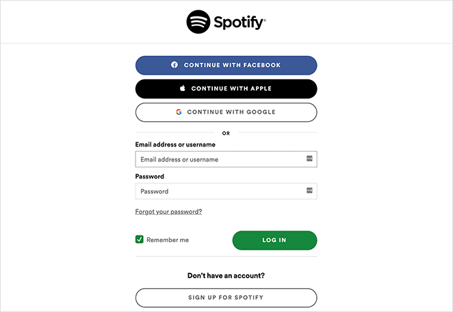 Exemple de page de connexion à Spotify