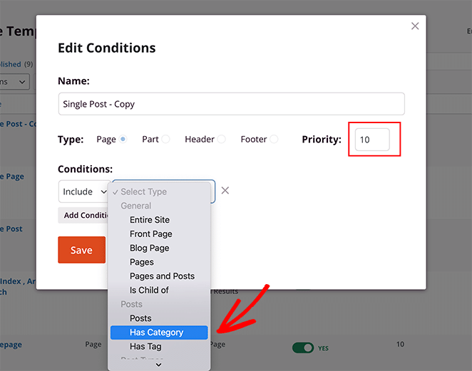 Edit conditions for single post template WordPress