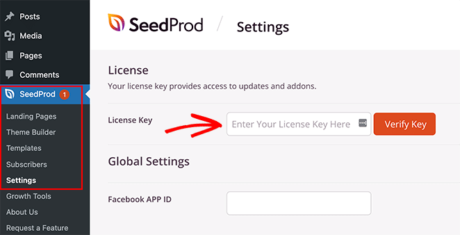 Enter your SeedProd theme builder license key