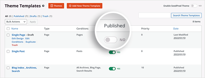 unpublish-theme-section - SeedProd Unpublish a theme template in SeedProd