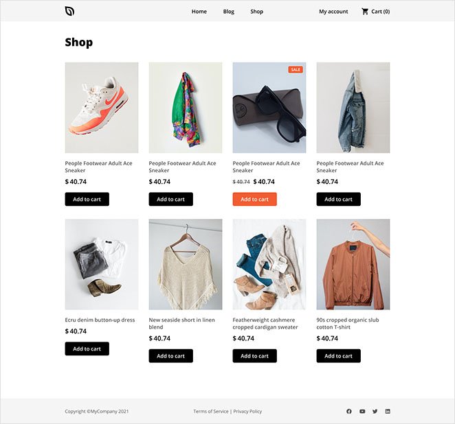 Page de boutique du thème de démarrage WooCommerce