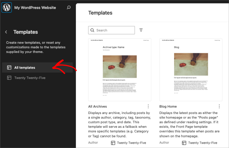 Selecting the single post template in the WordPress site editor