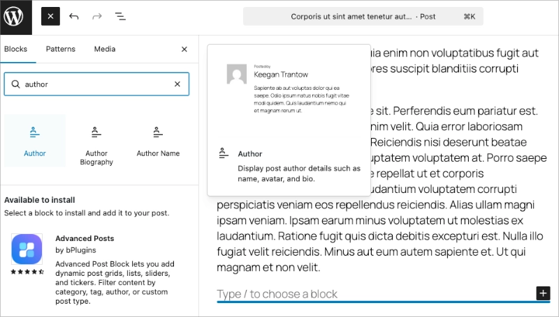 Adding the WordPress author block to post content