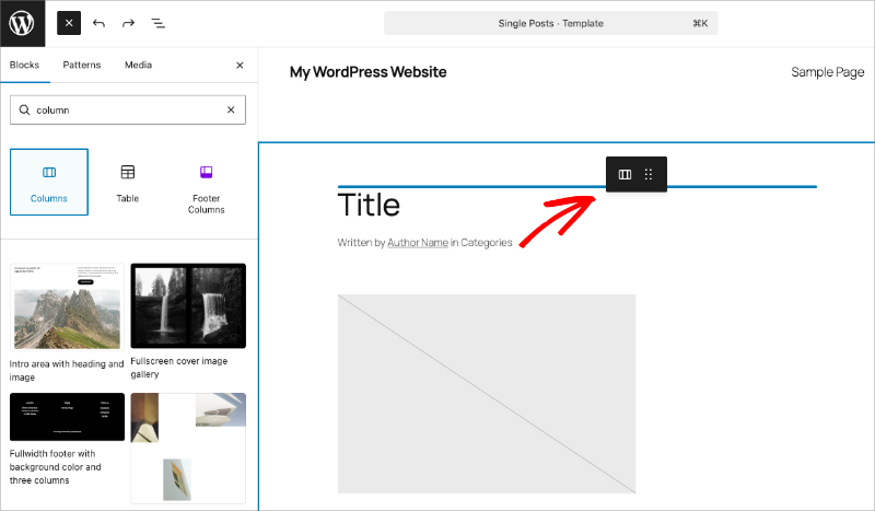 Adding columns to a template in the WordPress site editor