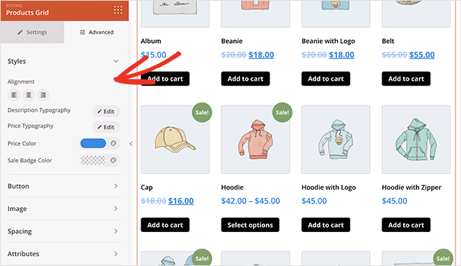 Advanced product grid settings