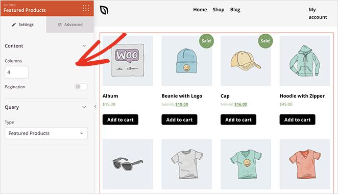 WooCommerce featured products grid settings seedprod