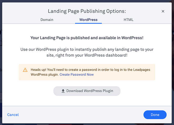 LeadPages publishing options WordPress plugin