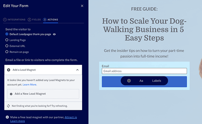 leadpages form actions