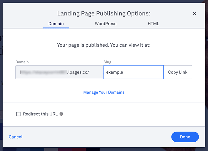LeadPages publishing options custom domain