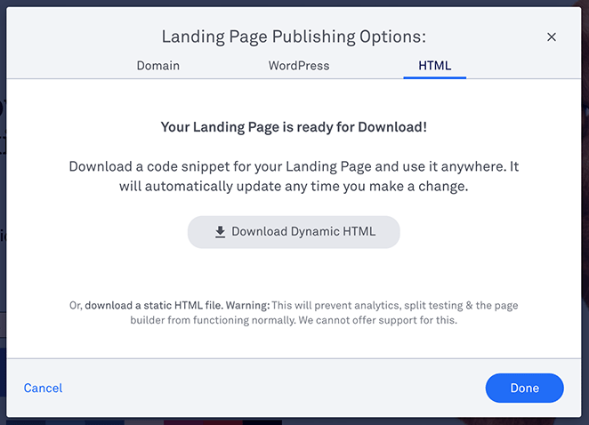 options de publication sur leadpages