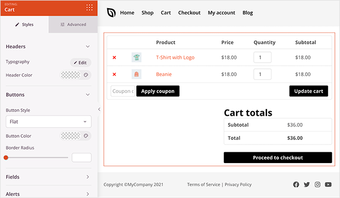 WooCommerce shopping cart page seedprod