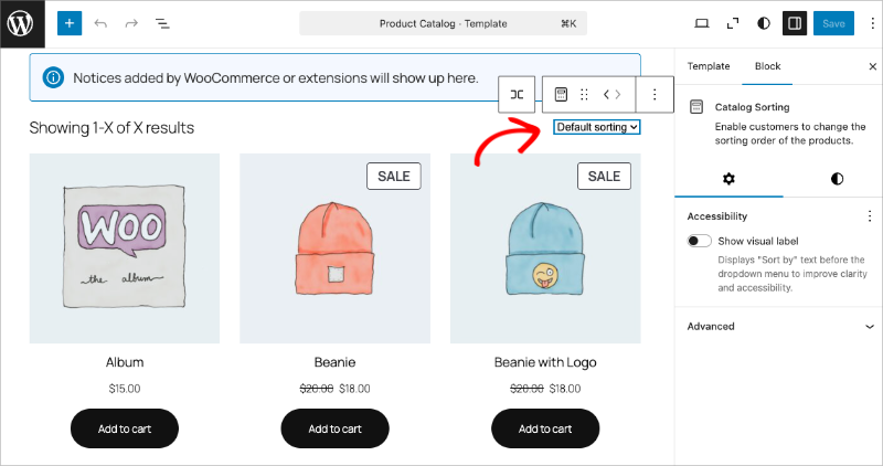 Ajout et réorganisation des blocs sur le modèle de catalogue de produits dans l'éditeur de blocs WordPress