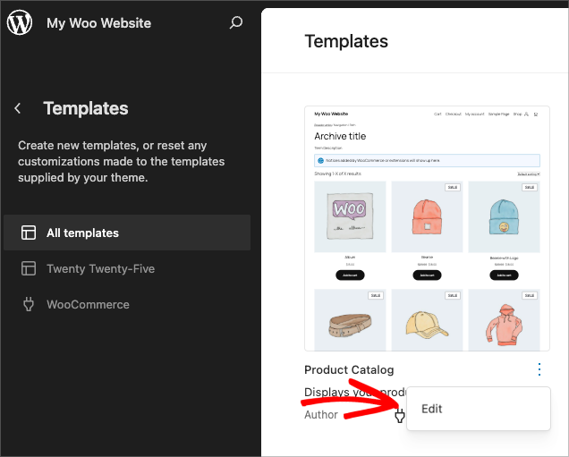 Modification du modèle de catalogue de produits WooCommerce dans l'éditeur de site