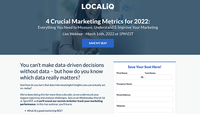 Conception d'une page d'atterrissage pour la génération de leads par Local IQ