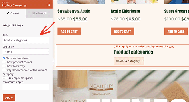 Product categories widget settings