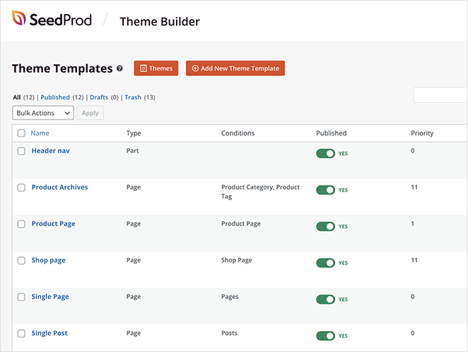 SeedProd theme builder template parts