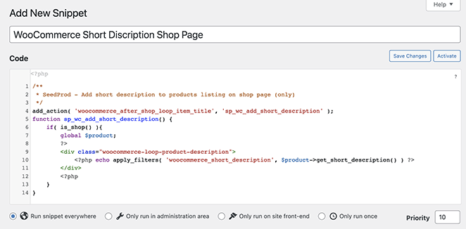 Add WooCommerce short description to shop page code snippet