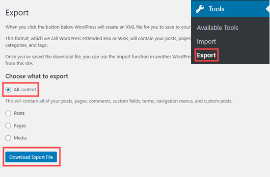 WordPress export tool