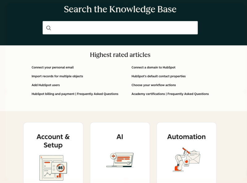 hubspot-faq - SeedProd HubSpot knowledge base with a 12-tile category grid under the search bar and a highest-rated articles section