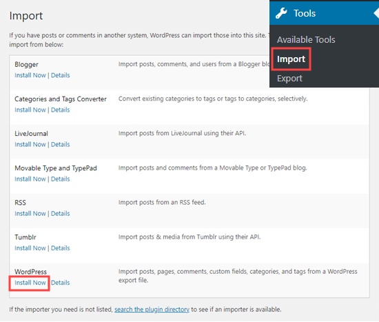 Install WordPress import export tool